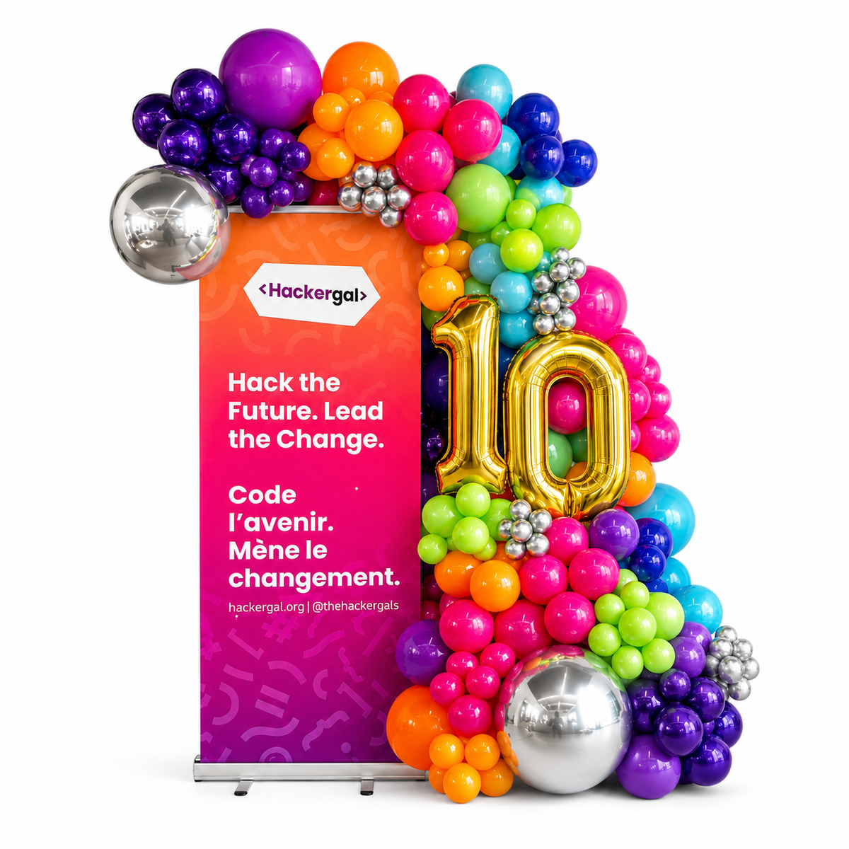 Corporate balloon garland with chrome accents framing a freestanding branded banner in Toronto