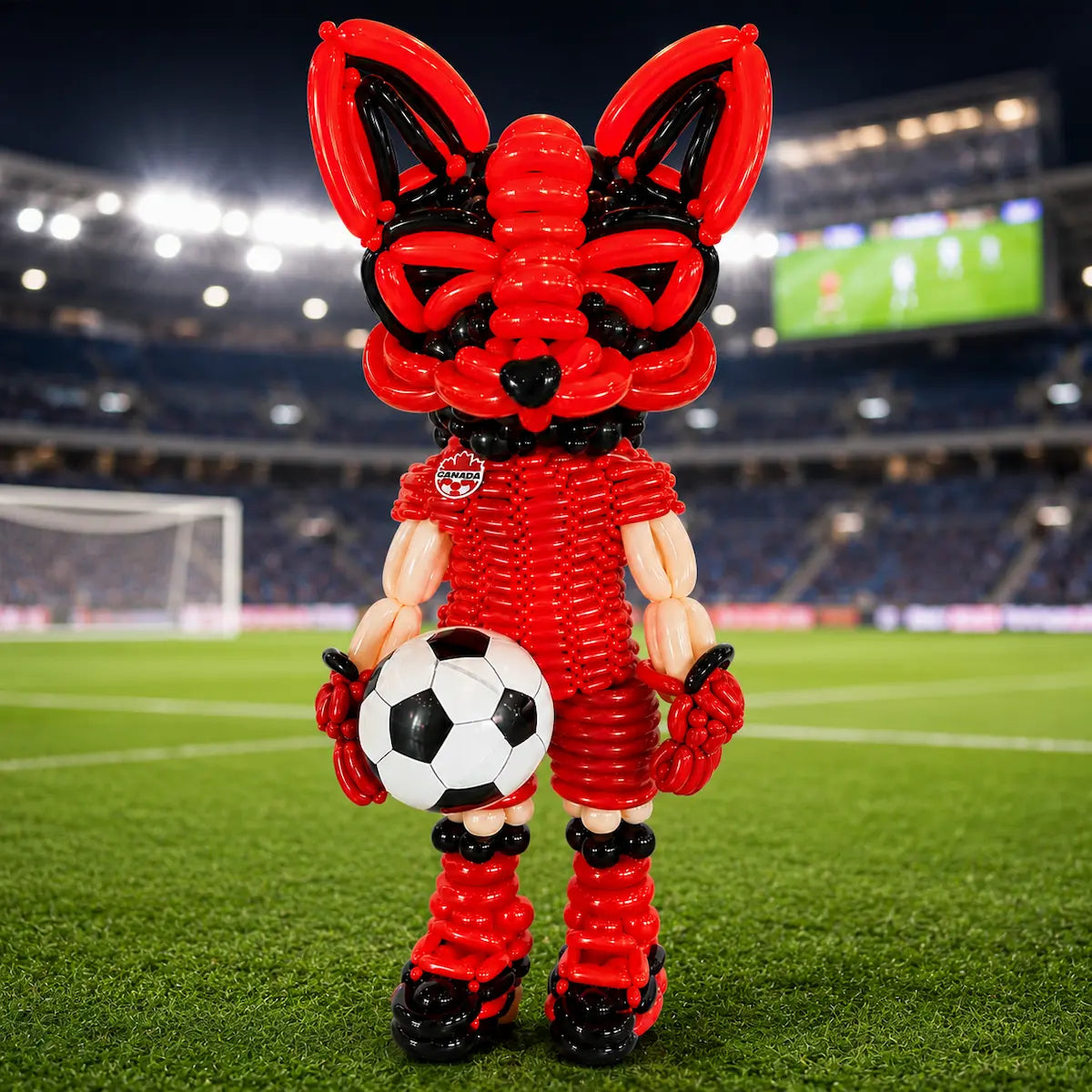 Custom Canada soccer fox balloon mascot holding a ball, created by Wooow Balloons for sports events in Toronto.
