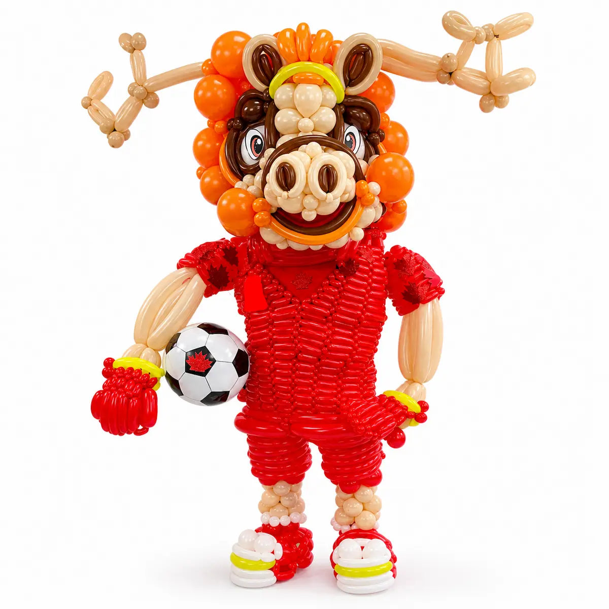 Custom Canadian moose balloon sculpture holding a soccer ball by Wooow Balloons Toronto.
