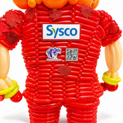 Close-up of a custom Sysco logo balloon sculpture with Canadian maple leaves by Wooow Balloons for corporate events in Toronto.