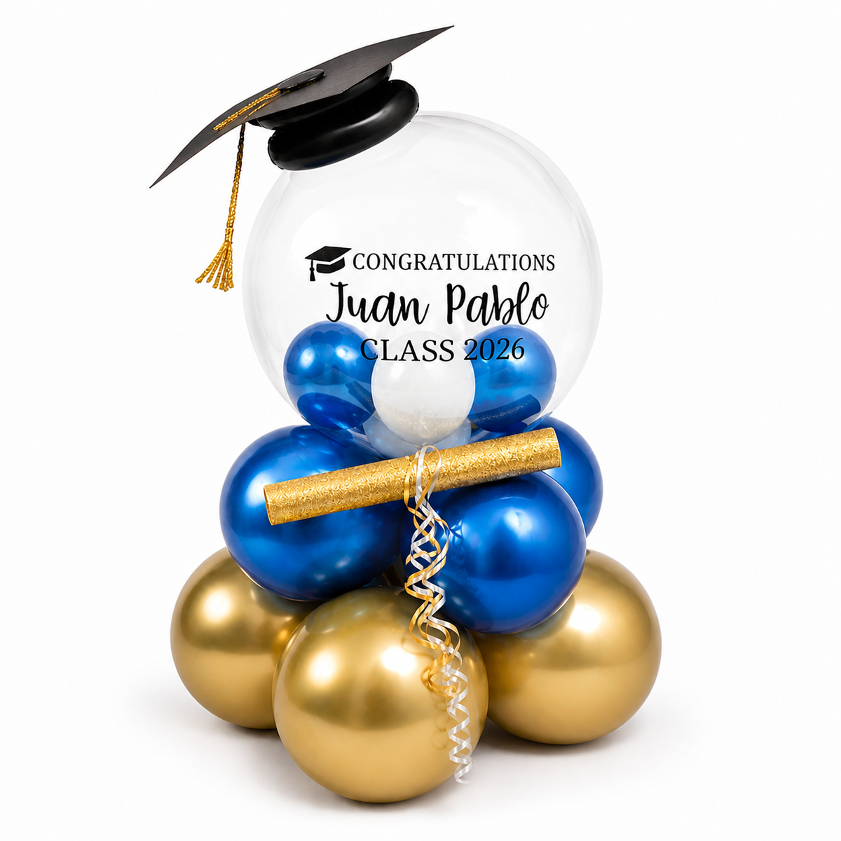 Custom graduation balloon centerpiece with clear bubble balloon, blue and gold balloons and class of 2026 design, graduation gift delivery Toronto GTA