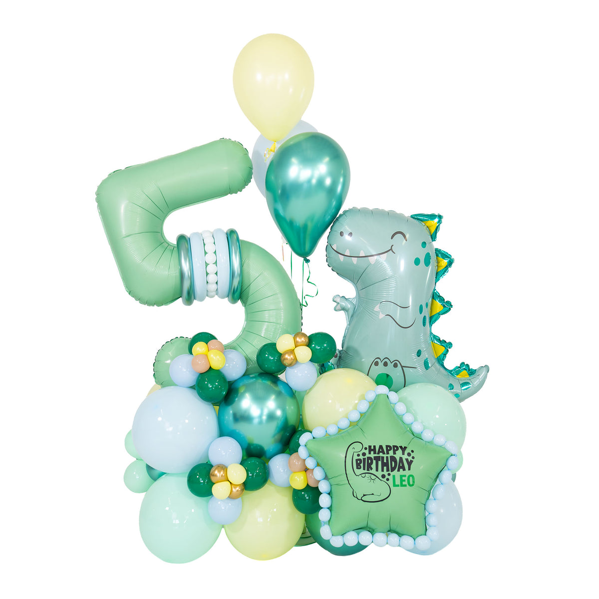 Dinosaur birthday balloon arrangement with a mint green number 5, smiling dinosaur and personalized birthday star by Wooow Balloons Toronto