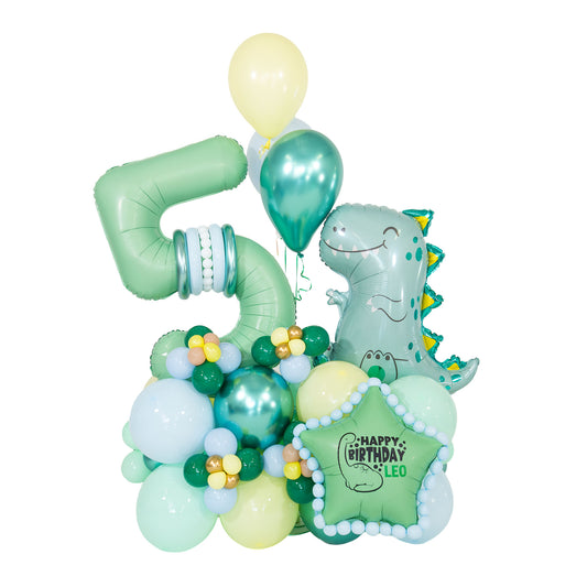 Dinosaur birthday balloon arrangement with a mint green number 5, smiling dinosaur and personalized birthday star by Wooow Balloons Toronto