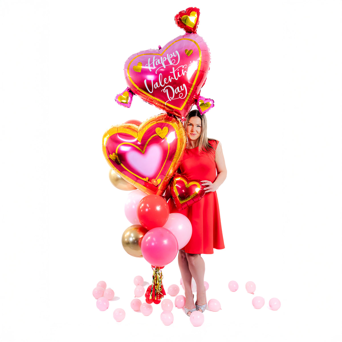 Double Heart Valentine Balloon Bouquet with gold accents and pink balloons – heart balloons Toronto
