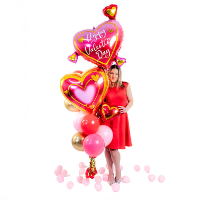 Double Heart Valentine Balloon Bouquet with gold accents and pink balloons – heart balloons Toronto