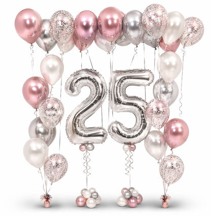 Elegant 25th birthday balloon arrangement with silver number balloons, blush pink, pearl white, and chrome silver helium balloons for luxury women’s party decor in Toronto.