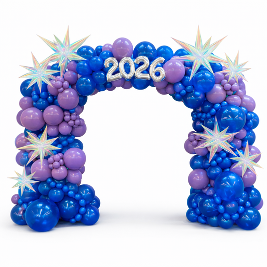 Graduation balloon arch 2026 in blue and purple with starburst balloons, luxury event entrance decor for graduation party Toronto