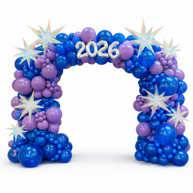 Graduation balloon arch 2026 in blue and purple with starburst balloons, luxury event entrance decor for graduation party Toronto