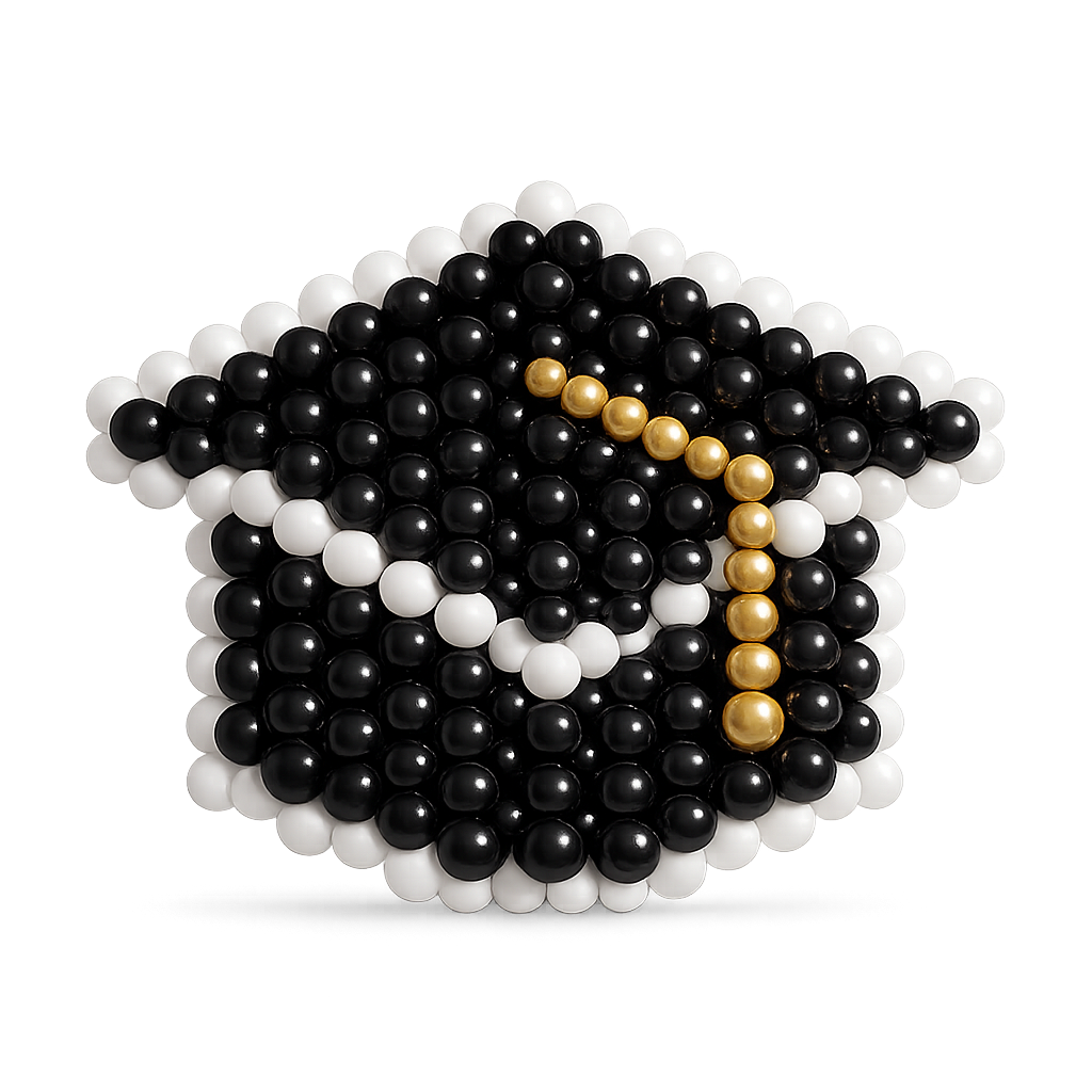 Black, white and gold graduation cap balloon mosaic for school ceremonies and graduation events in Toronto