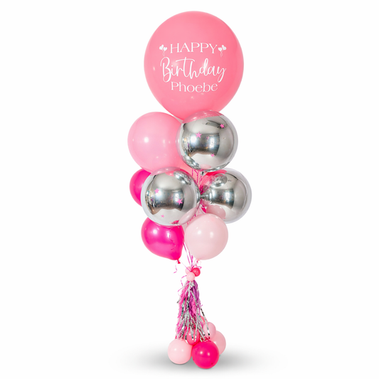 Happy Birthday custom balloon bouquet with pink and chrome balloons, luxury helium arrangement for birthday delivery in Toronto