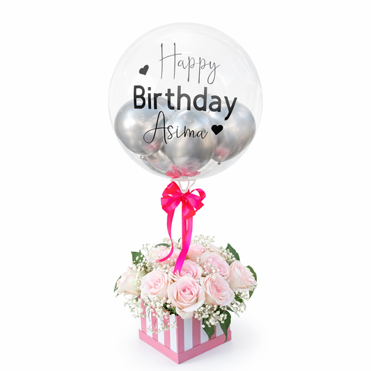 Happy Birthday bubble balloon with personalized name and pink rose flower box arrangement Toronto same day delivery