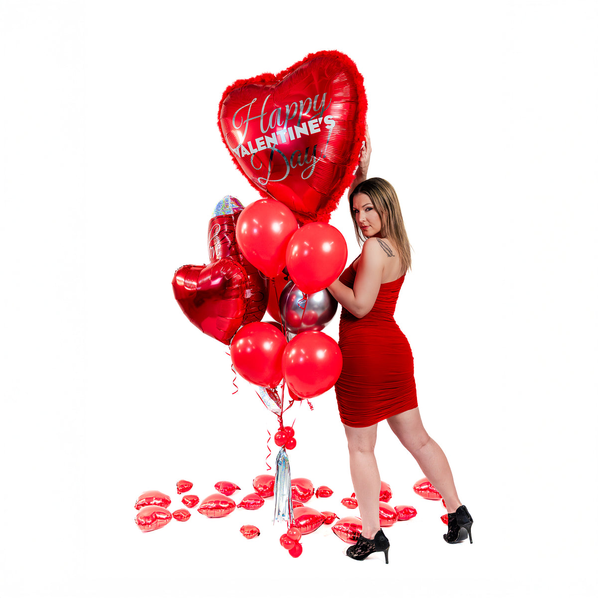 Happy Valentine’s Day heart balloon with red and silver balloons, gift-ready bouquet