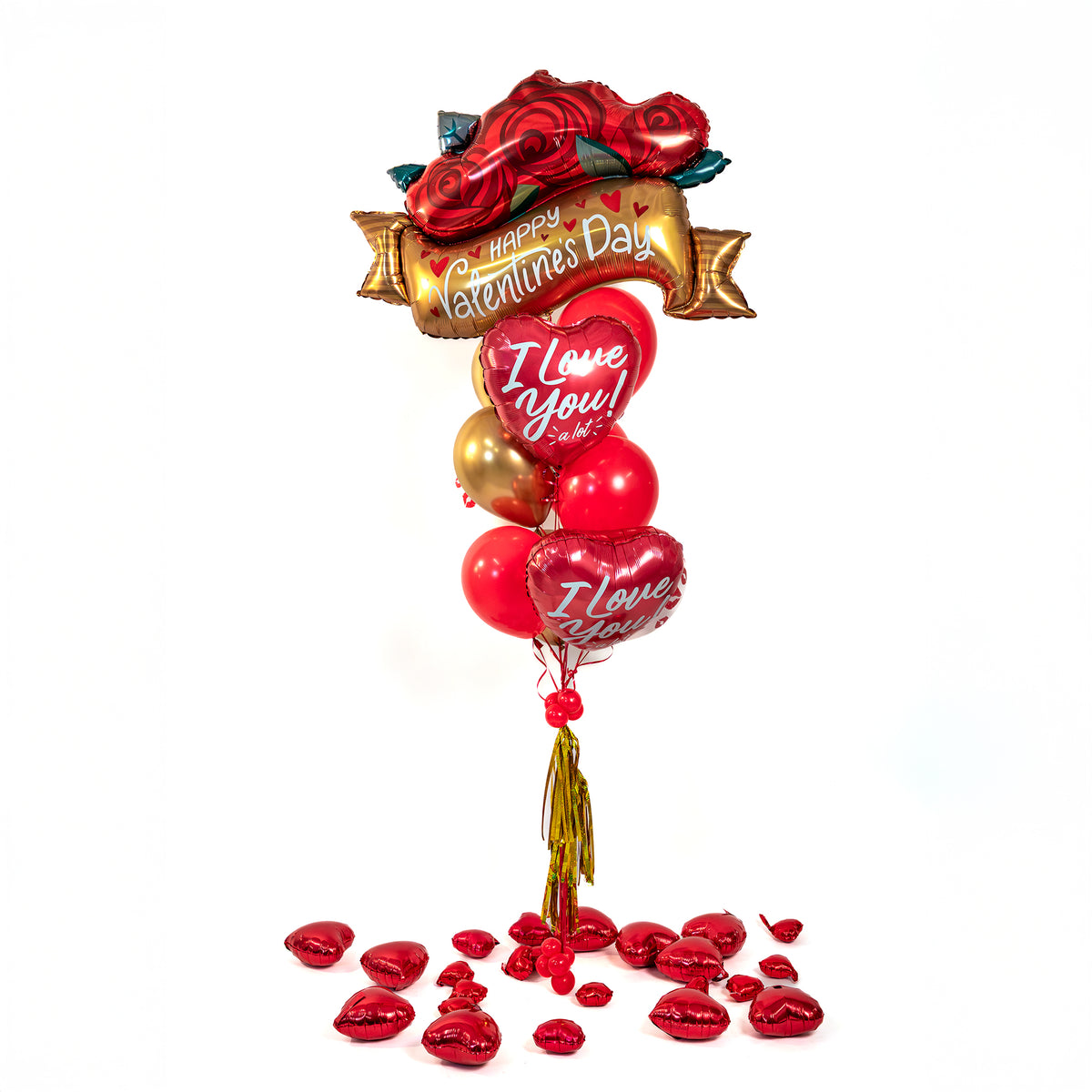 Happy Valentine’s Day rose balloon bouquet with red and gold balloons in Toronto