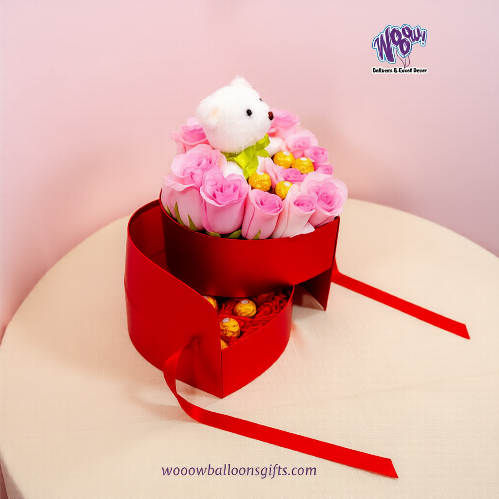 Heart-shaped rose and chocolate gift box with teddy bear, romantic Valentine’s surprise in Toronto