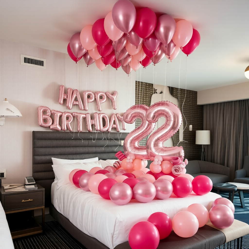 Hotel Room Decoration in Toronto with helium balloons floating on the ceiling for a birthday surprise.