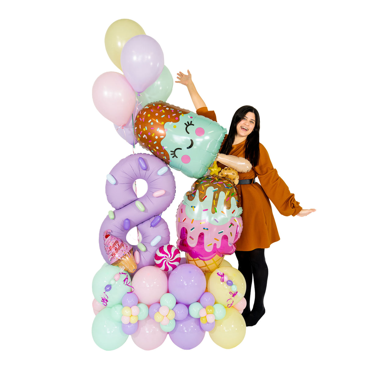 Ice cream balloon bouquet with a lavender number 8, ice pop and cone balloons, and pastel balloon flowers by Wooow Balloons in Toronto.