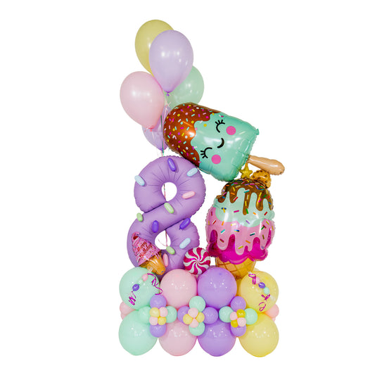Ice cream birthday balloon arrangement with a lavender number 8, pastel balloons, ice cream foils and balloon flowers in Toronto.