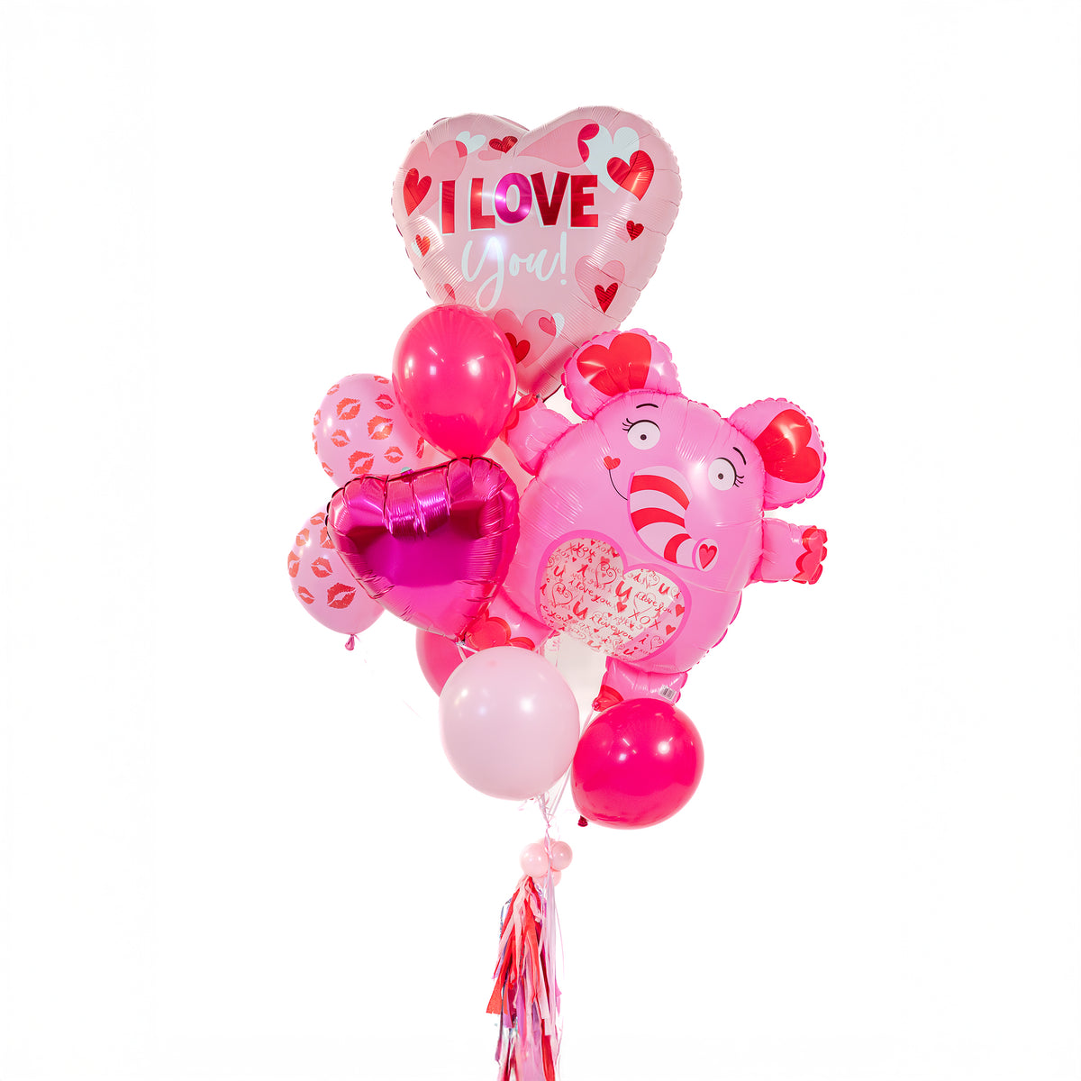 Heart foil balloon and love elephant character balloon in a Valentine balloon bouquet in Toronto