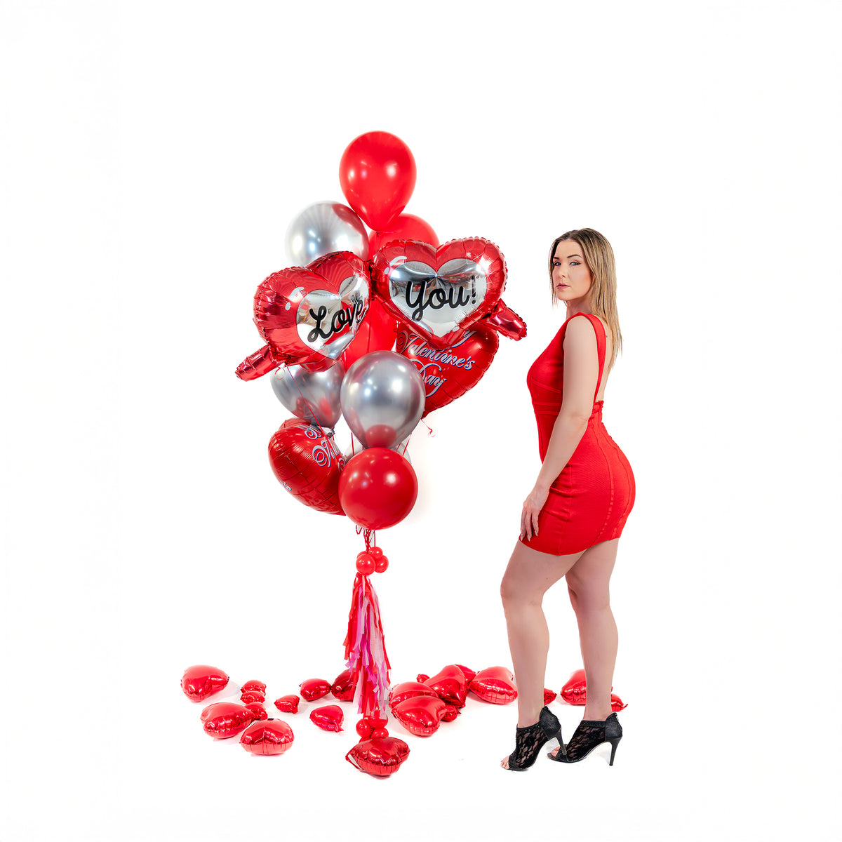Love and You sunglasses heart balloons with red and silver balloon cluster