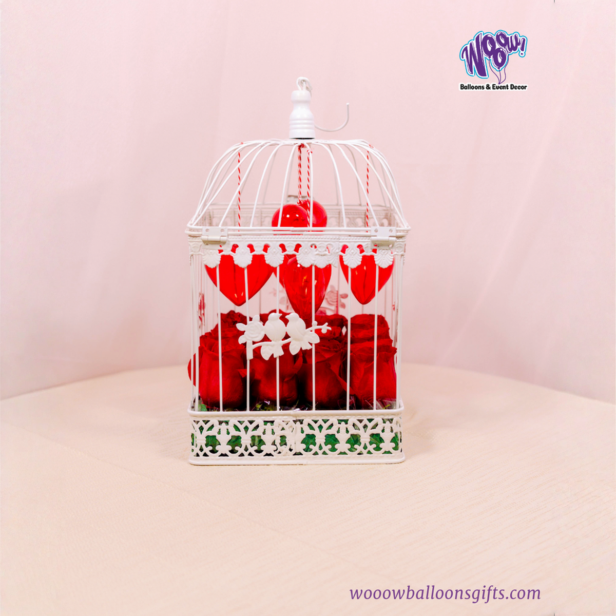 Close-up of Valentine’s Day roses in Lovebird Rose Cage romantic gift Toronto