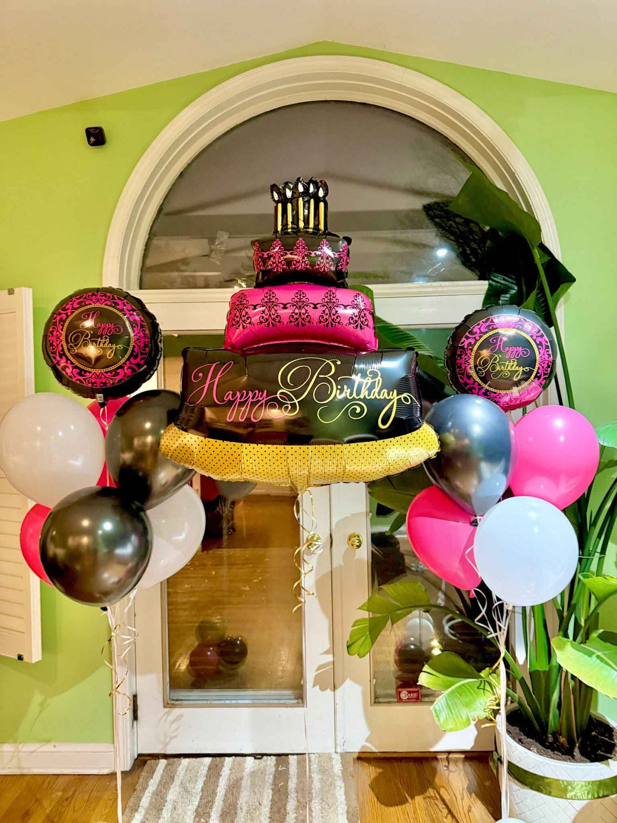 Elegant Happy Birthday Balloons for Her Toronto – pink, black, and gold cake balloon arrangement by Wooow Balloons