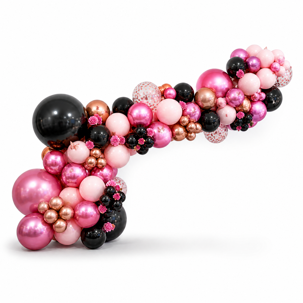 Luxury pink black and rose gold balloon garland backdrop in Toronto