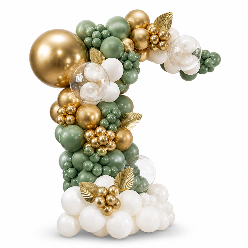 Sage green white and gold boho balloon garland in Toronto