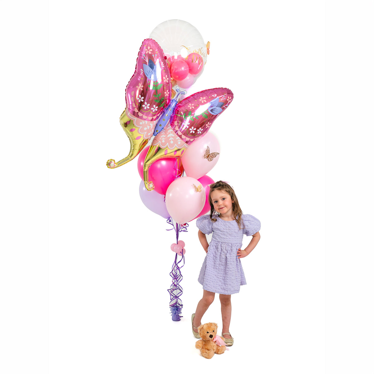Mother’s Day balloons Toronto featuring luxury butterfly balloon bouquet with pink and lavender helium balloons