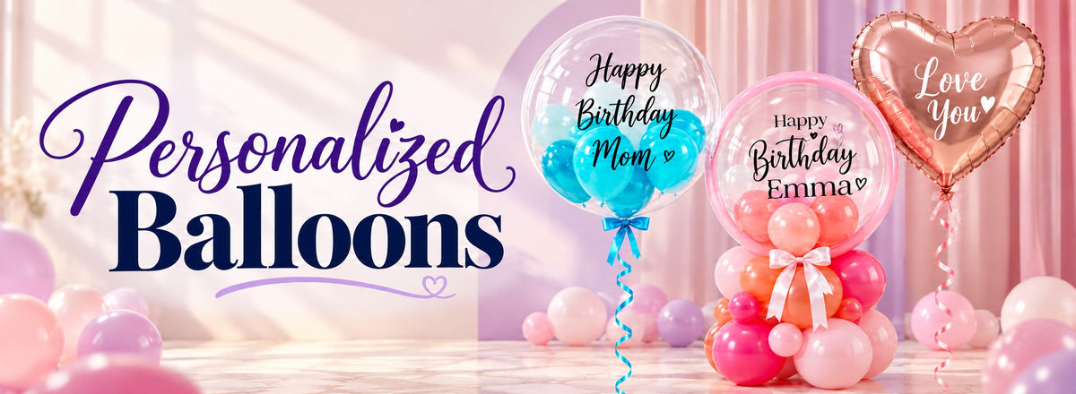 Personalized birthday bubble balloons in turquoise and pink beside a rose gold heart balloon with a love message, by Wooow Balloons in Toronto.