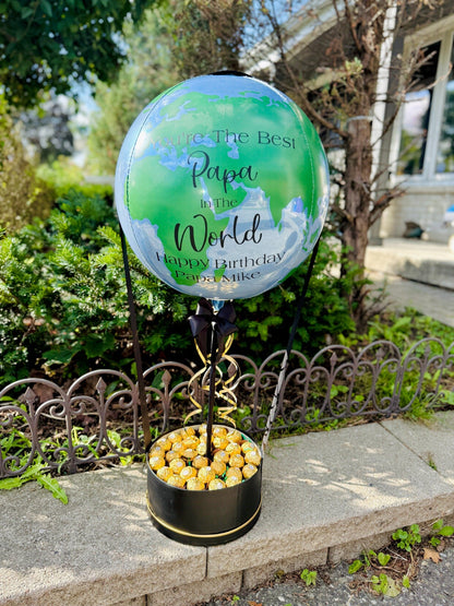 Custom Personalized Globe Balloon Chocolate Gift Box Toronto featuring world balloon design and gold chocolates in round box