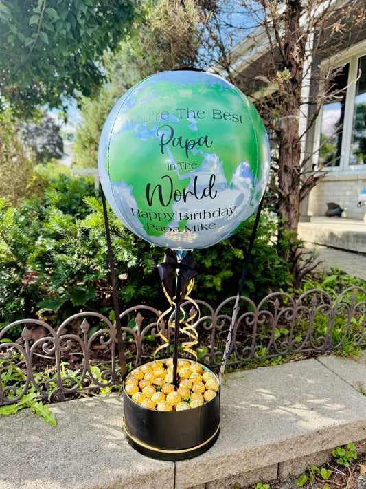 Luxury Personalized Globe Balloon Chocolate Gift Box by Wooow Balloons Toronto perfect for birthdays and Father’s Day gifts