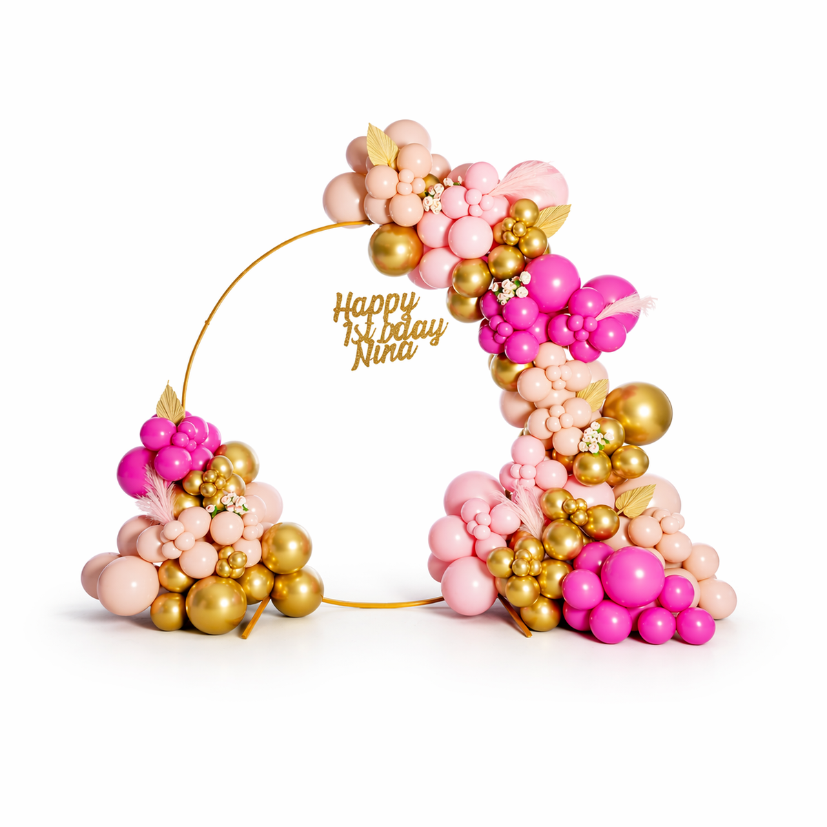 Pink and gold balloon arch hoop backdrop for birthday party in Toronto with custom garland and luxury event decor