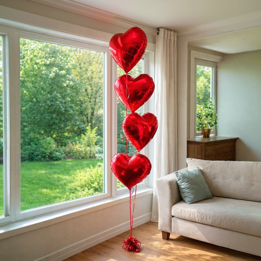 Red Heart Balloon Bouquet in Toronto with four helium red heart balloons for Valentine’s Day and romantic gifts.