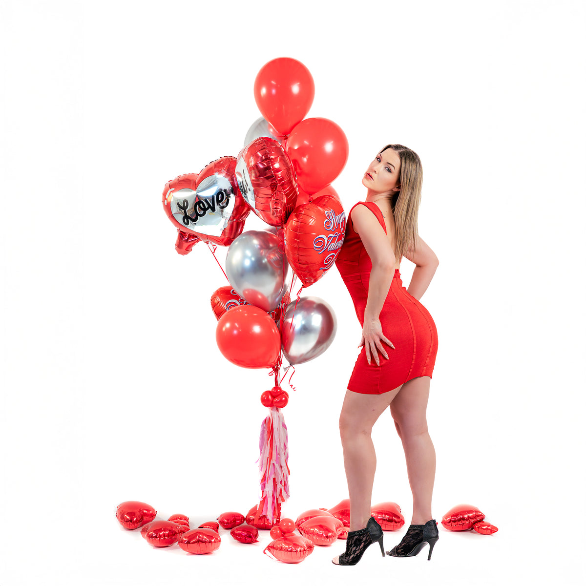 Red and silver balloons with heart sunglasses foil balloons and tassel tail