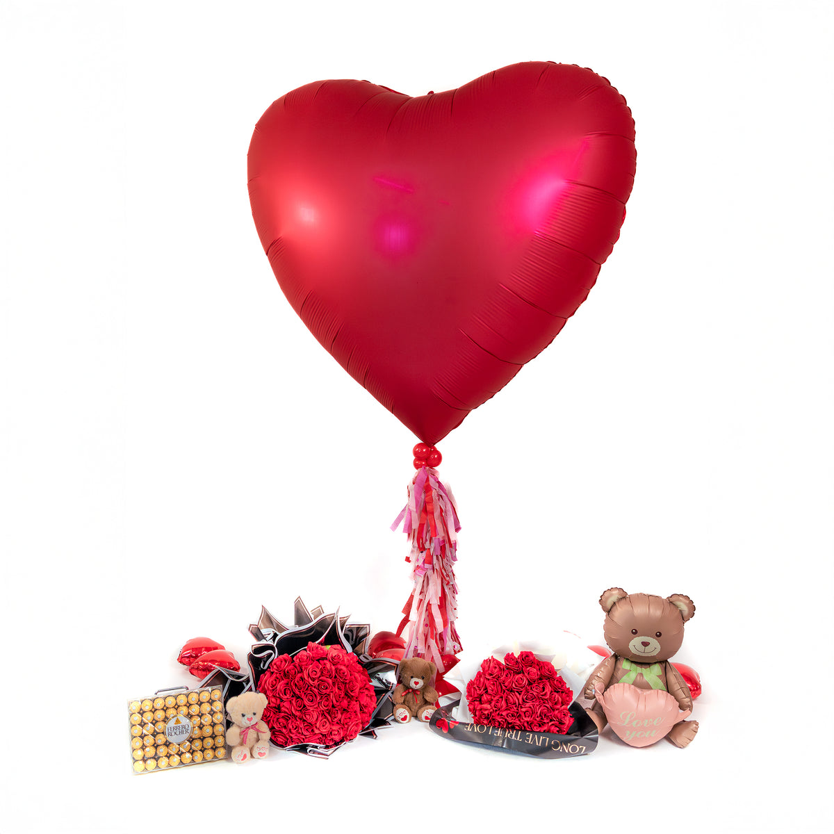 Red super heart balloon with 25 roses bouquet and Ferrero chocolates