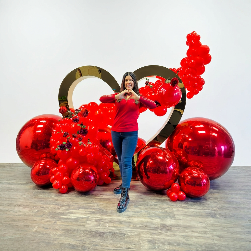Romantic balloon backdrop in Toronto with a gold heart rental and red balloon garland for an engagement proposal setup
