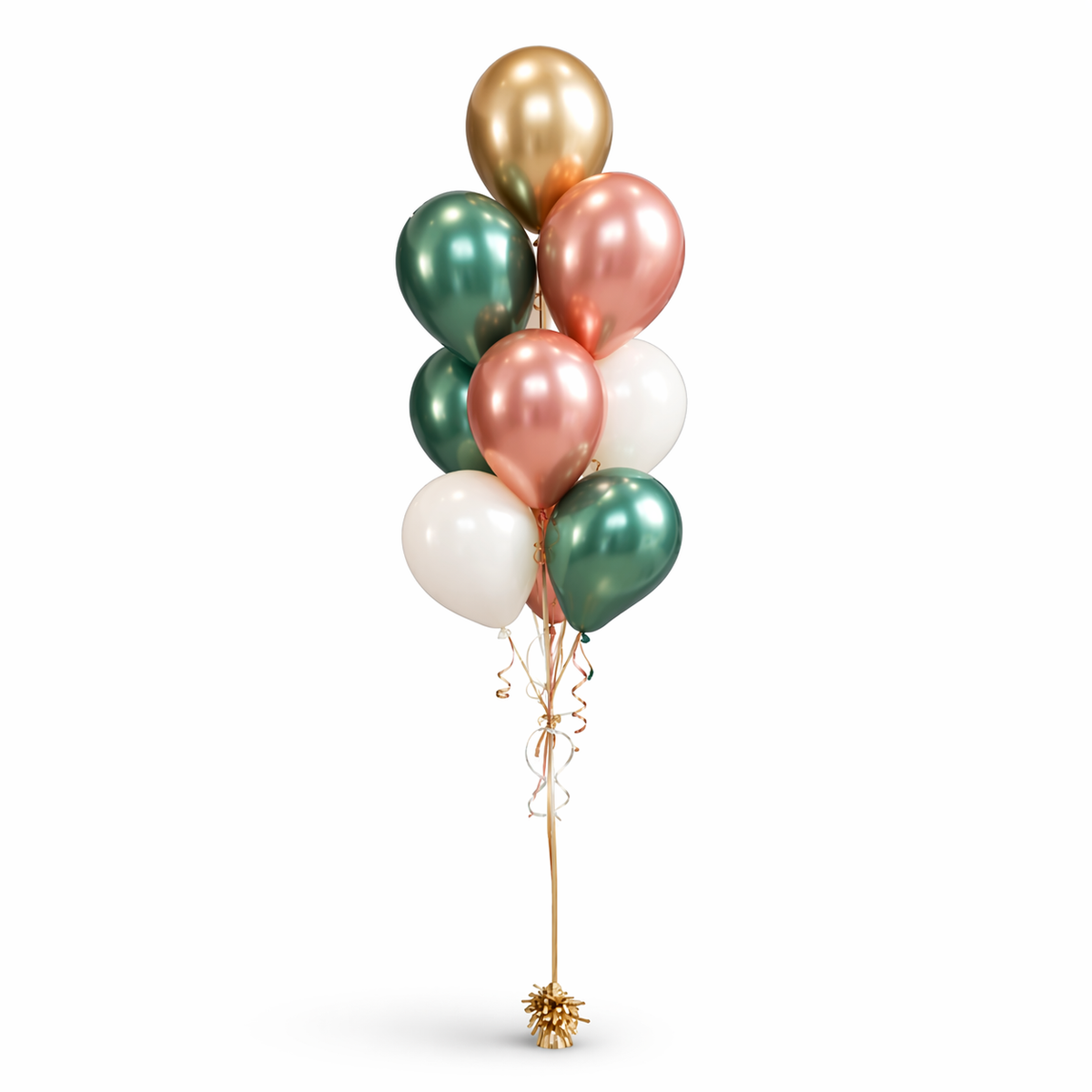 Elegant rose gold, deep green, gold and white helium balloon bouquet with metallic finish and curling ribbons, styled as a luxury balloon arrangement on a clean white background, Toronto balloon delivery.
