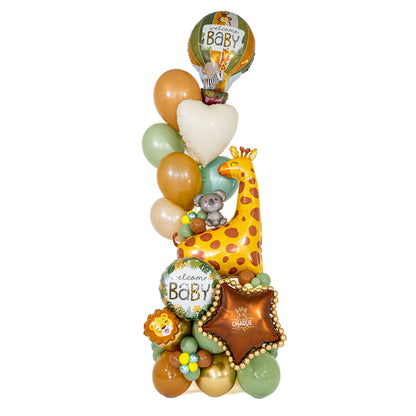 Safari baby balloon arrangement with a giraffe, lion, koala, Welcome Baby balloons and personalized bronze star by Wooow Balloons in Toronto.