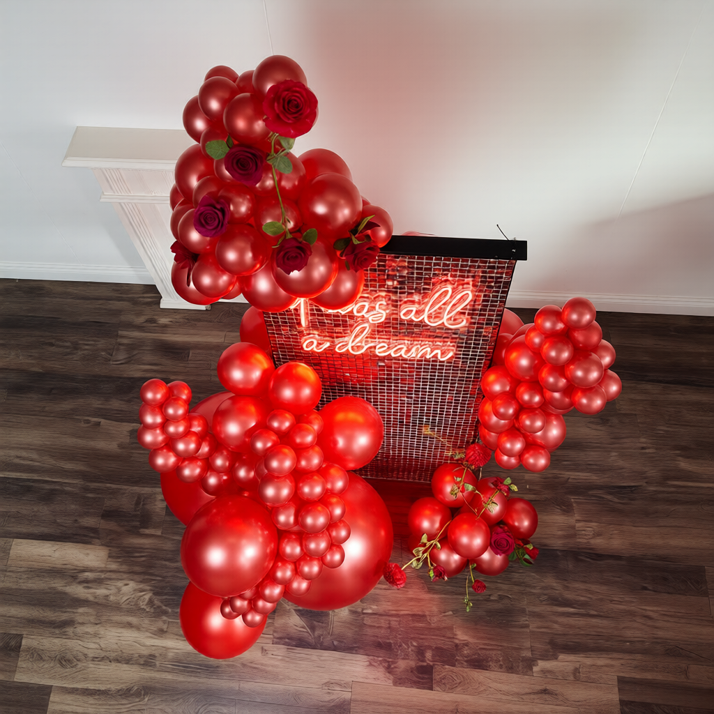 St. Valentine’s balloons luxury red shimmer wall balloon installation in Toronto for romantic events.