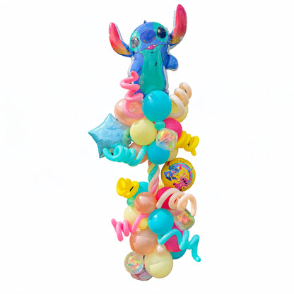 Stitch balloon column with a blue character topper, colourful balloon clusters and star accents