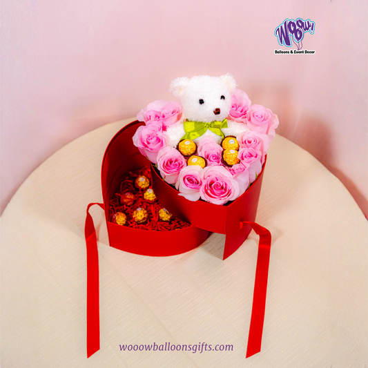Sweetheart Teddy Box flower gift box in Toronto with pink roses, white teddy bear, and Ferrero Rocher chocolates