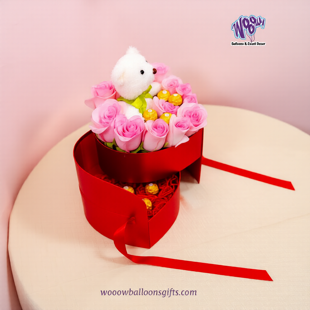 Top view of Sweetheart Teddy Box with pink roses, teddy bear, and chocolates for Valentine’s gift delivery in Toronto