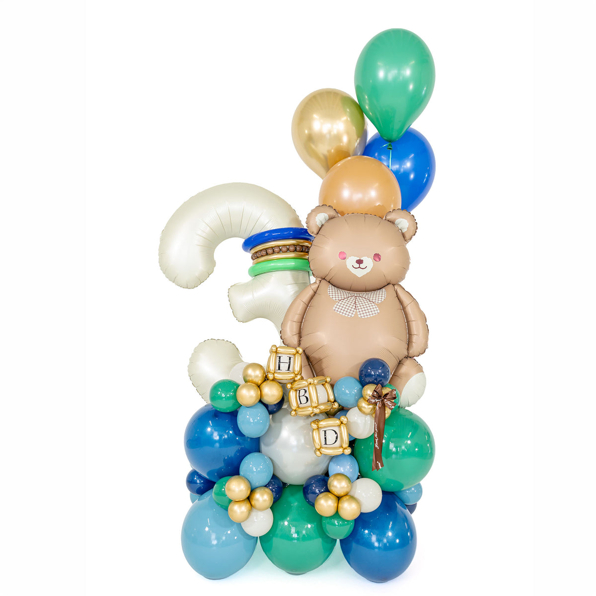 Teddy bear birthday balloons with a cream number 3, blue and green balloon base, and gold HBD blocks by Wooow Balloons in Toronto.