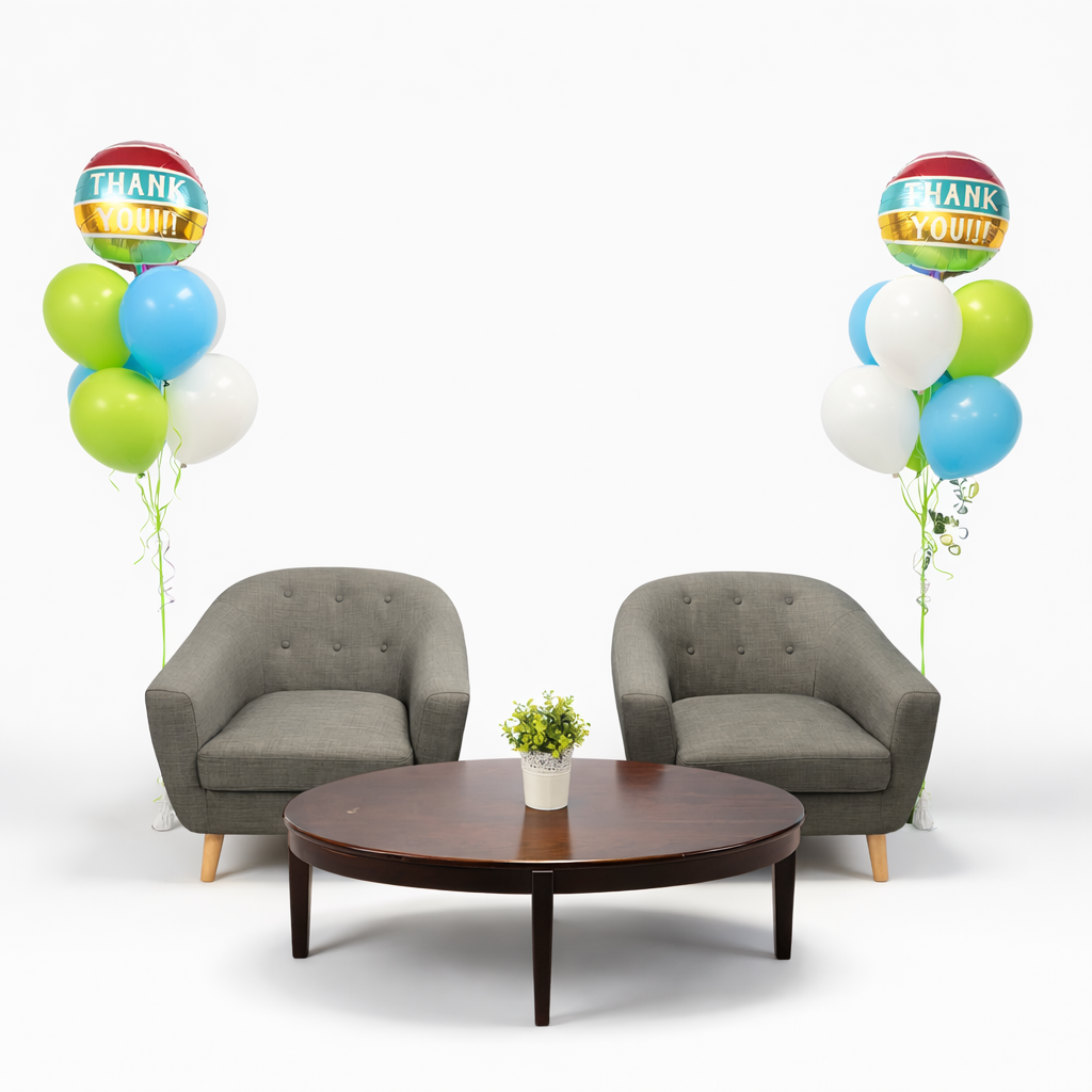 Thank You balloon bouquet with blue green and white balloons Toronto same day delivery helium balloon arrangement for appreciation events GTA