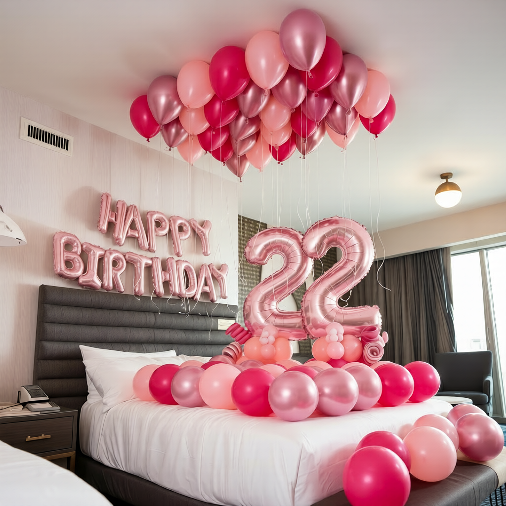 Toronto hotel room decorations with balloons for a birthday surprise, including banner and full room balloon decor.