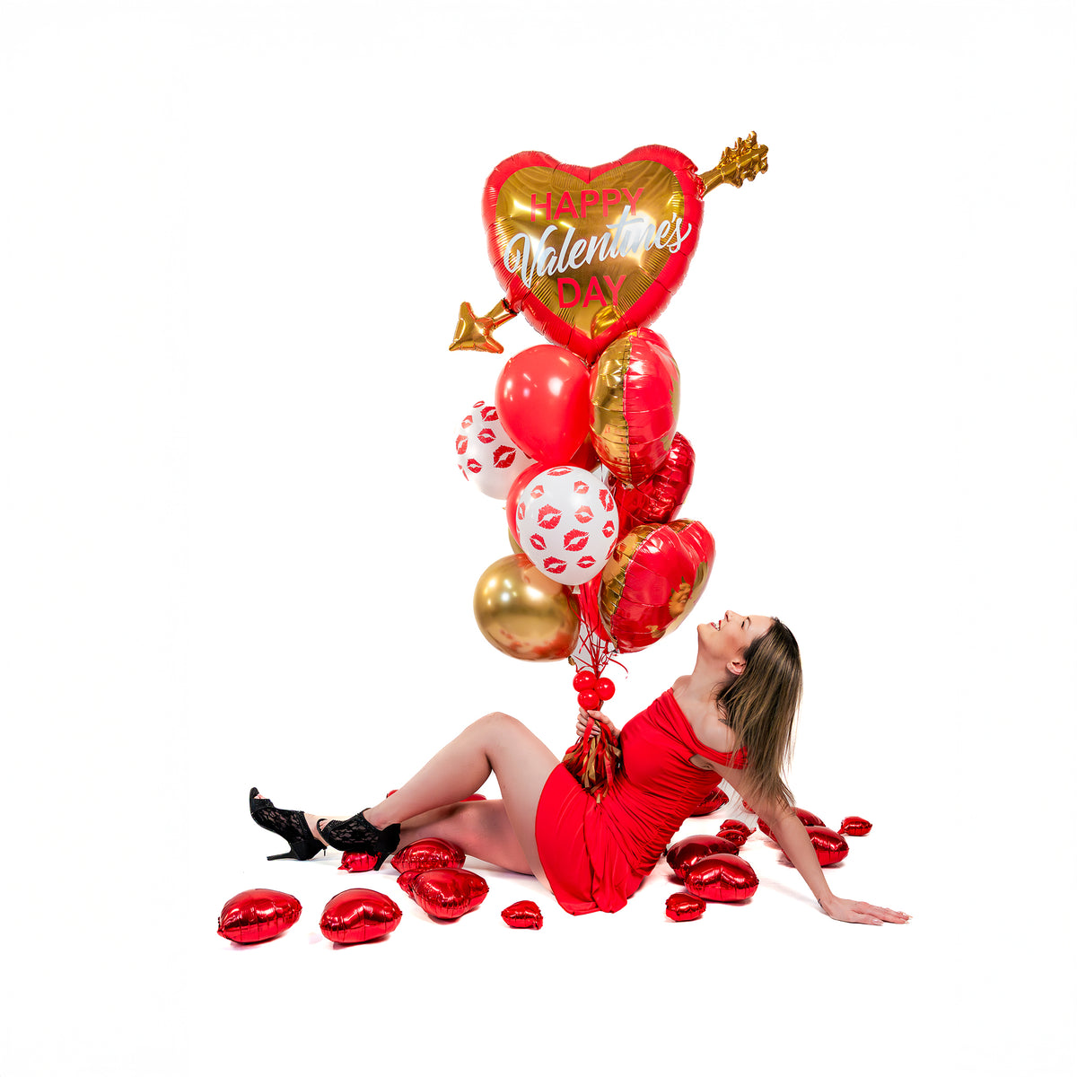 Model posing with Valentine balloon bouquet, gift-ready for Toronto delivery