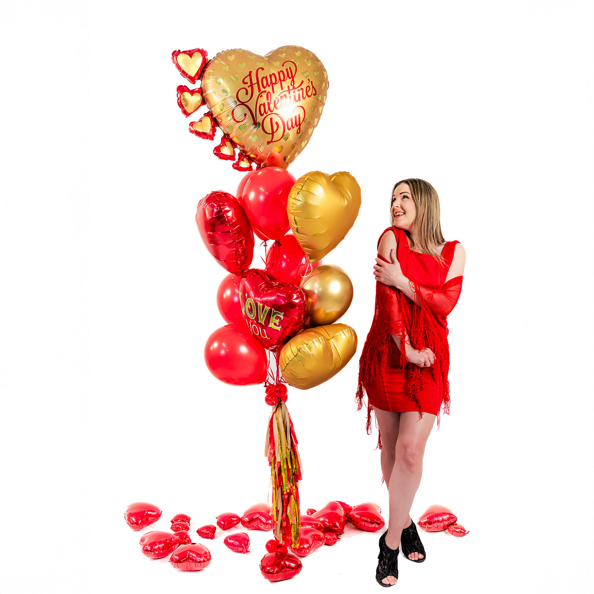 Valentine balloon bouquet delivery Toronto with gold Happy Valentine’s Day heart and red accents