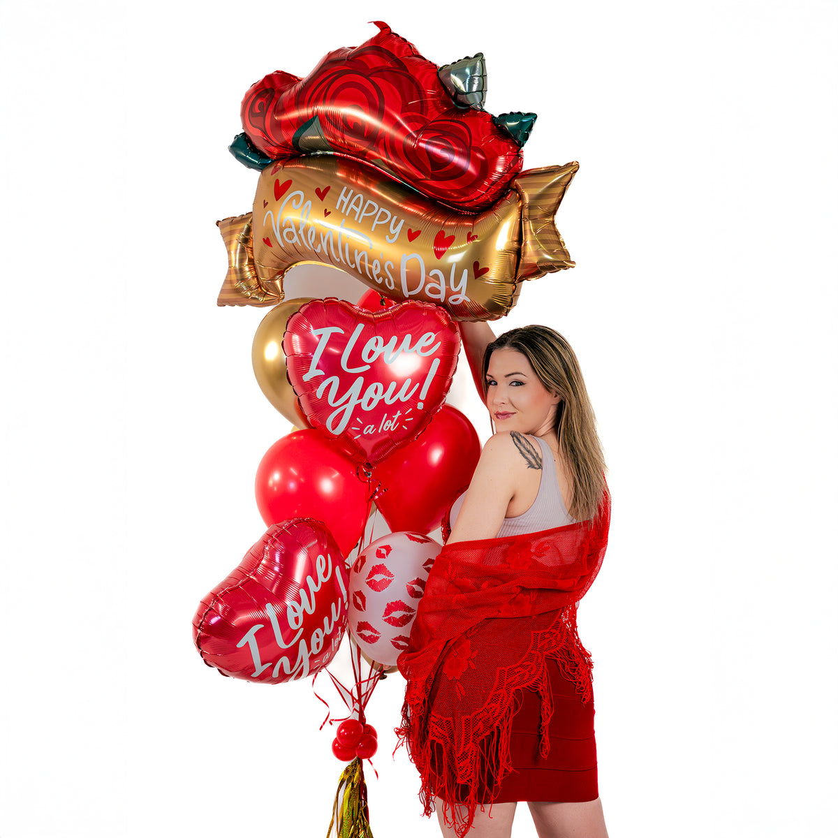 Valentine balloon bouquet Toronto featuring heart foil balloons and a rose-themed topper