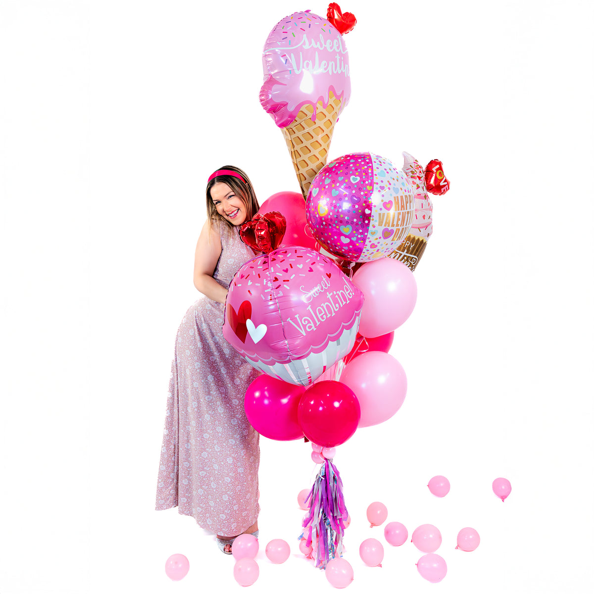 Valentines balloons delivery Toronto with Sweet Valentine supershapes, heart details, and balloon weight for gifting.