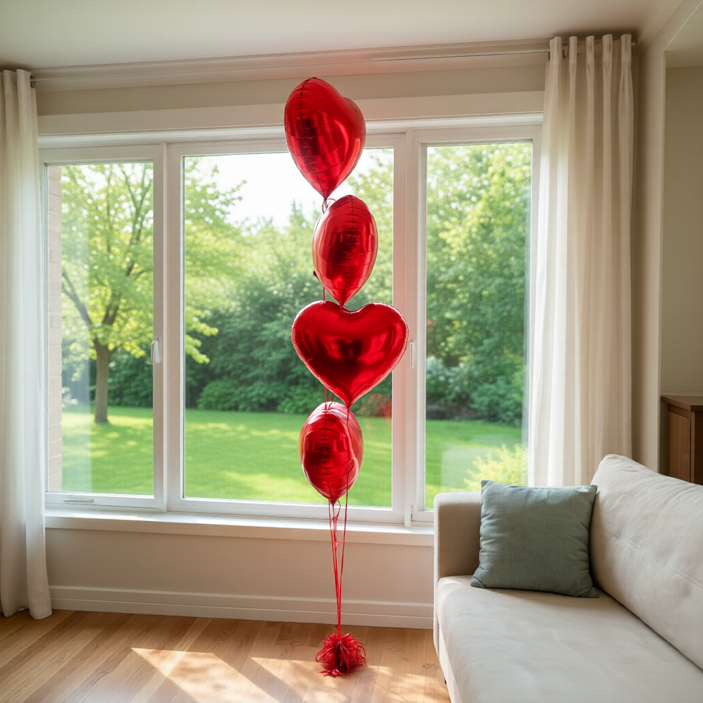 Valentines balloons in Toronto featuring a red heart balloon bouquet used for romantic home decor.